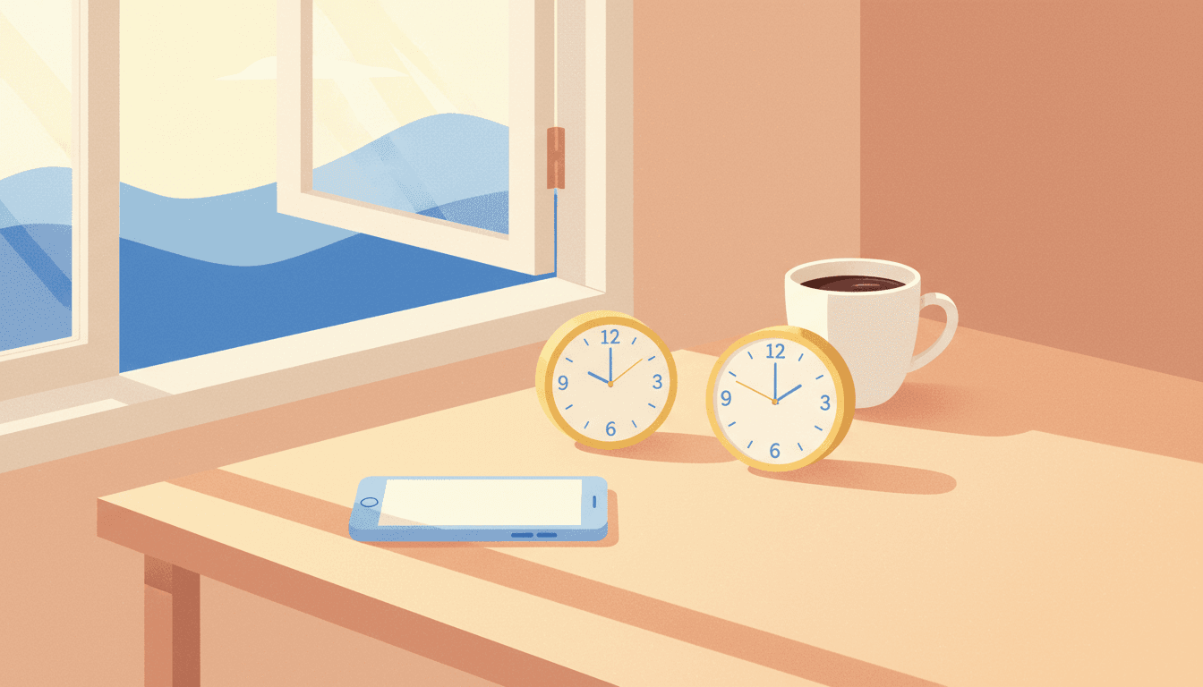 A smartphone on a warm pastel table beside two small round clocks set to different hours and a cup of coffee, soft calm daylight, suggesting picking a good moment to call someone far away