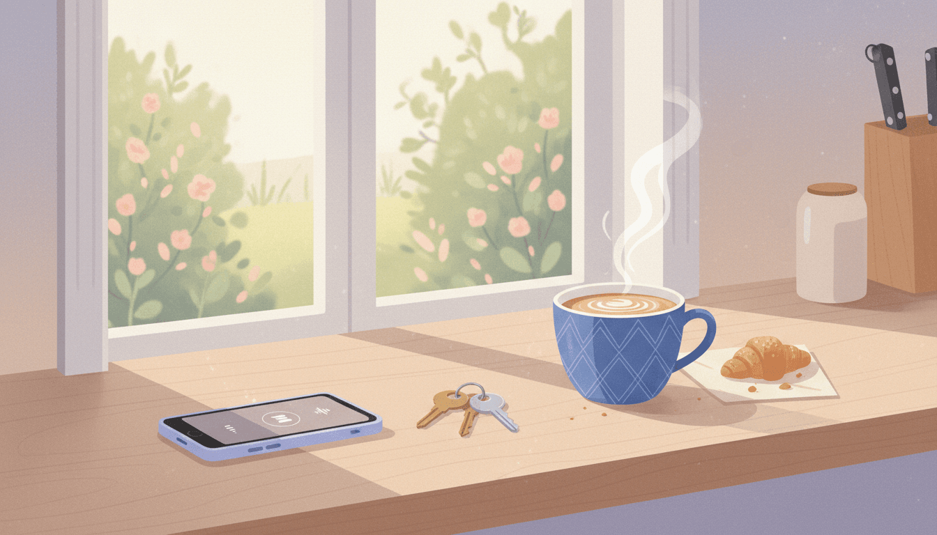 A phone recording a short voice note on a kitchen bench beside keys and a coffee, a snatched minute in a busy day