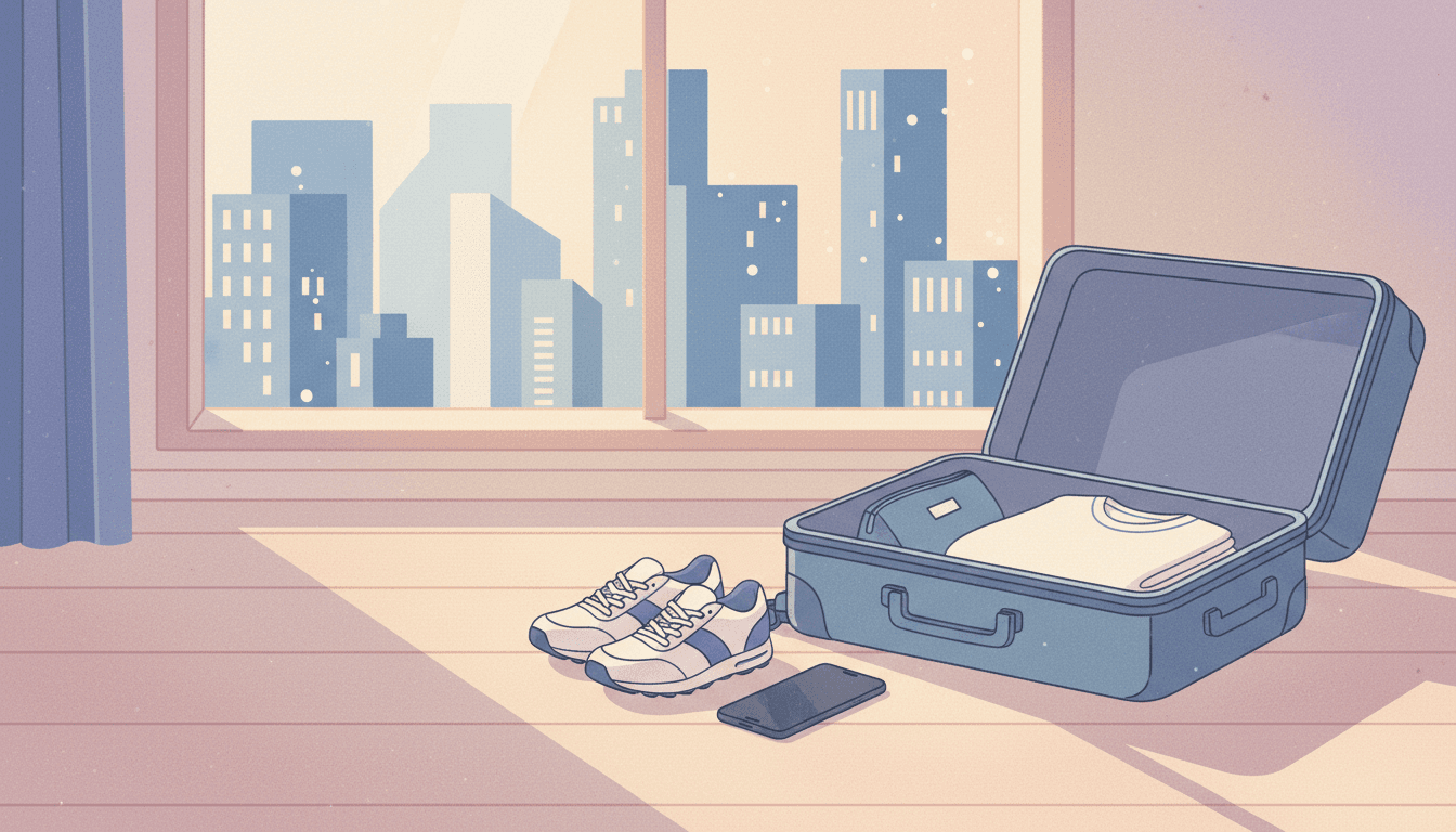 A pair of running shoes and a phone by an open suitcase in morning light in an unfamiliar room, suggesting keeping a routine on the move