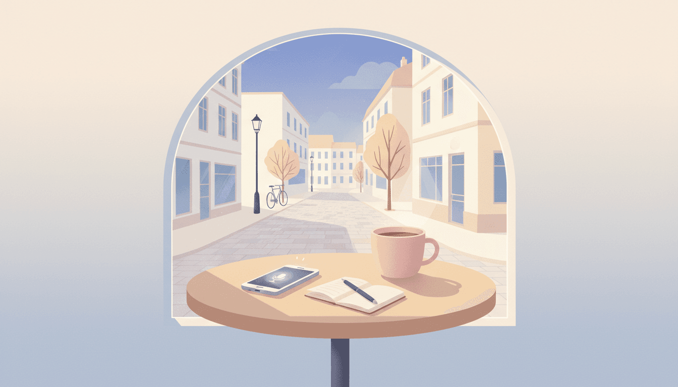 A phone resting on a cafe table by a window in a new city, warm morning light, calm and minimal
