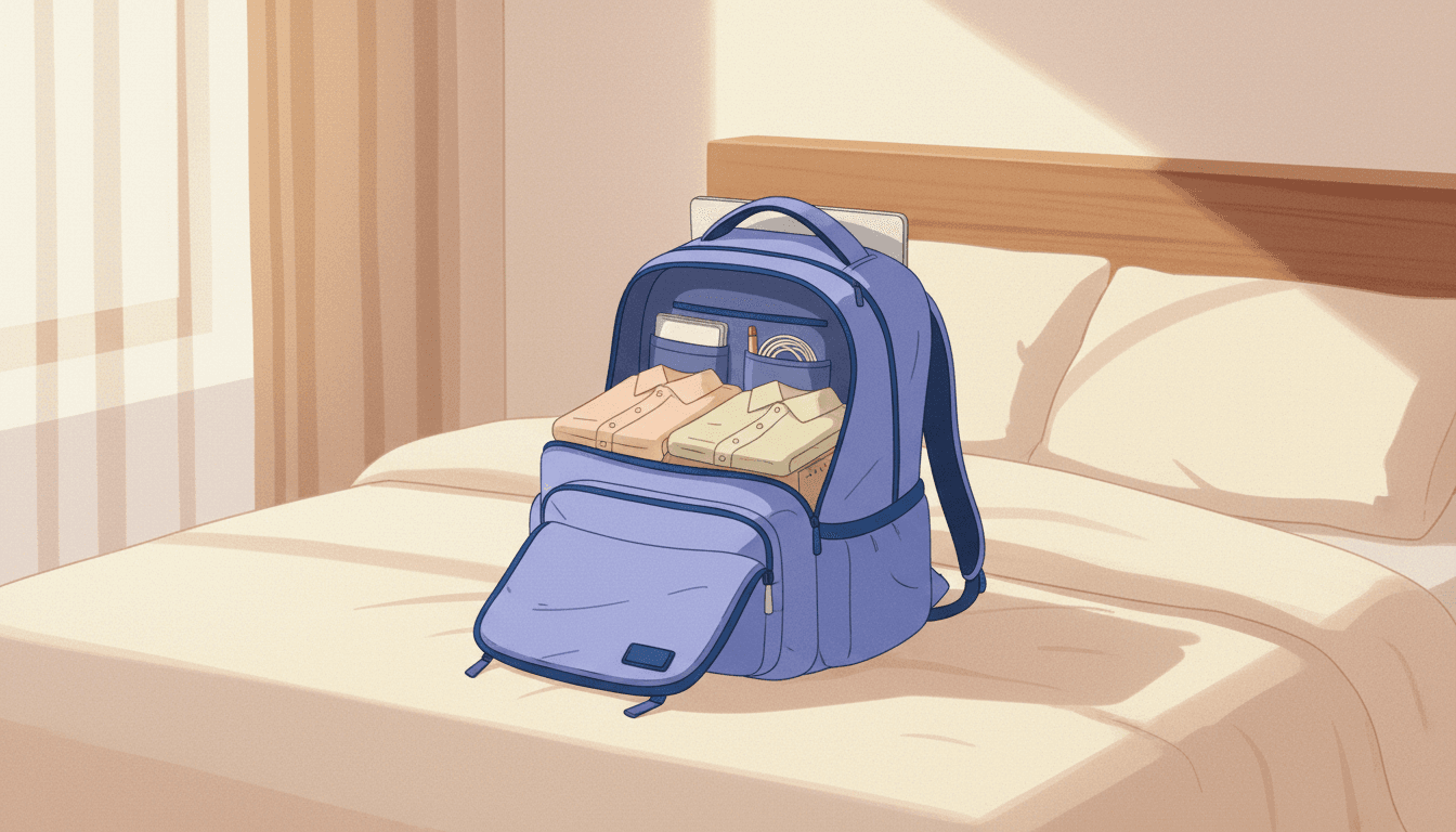 A single open carry-on backpack on a bed in warm morning light, neatly packed with a few folded clothes, a laptop and a small pouch of cables