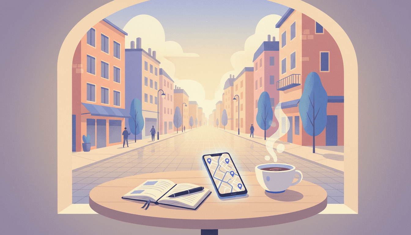 A small travel notebook and a phone with a map open beside a coffee on a cafe table by a window, warm morning light