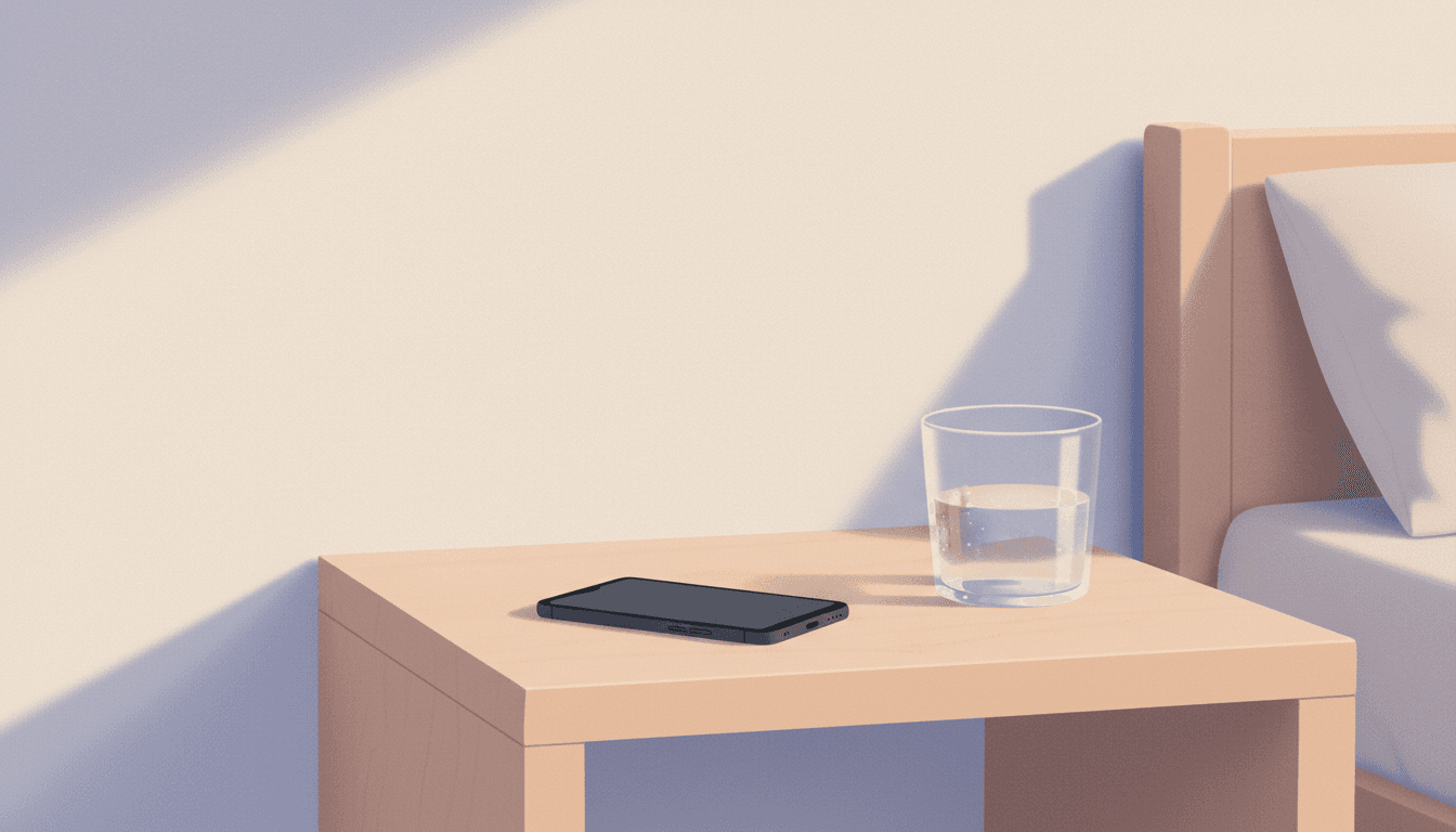 A phone on a bedside table in a softly lit room at night, suggesting a small nightly journaling habit
