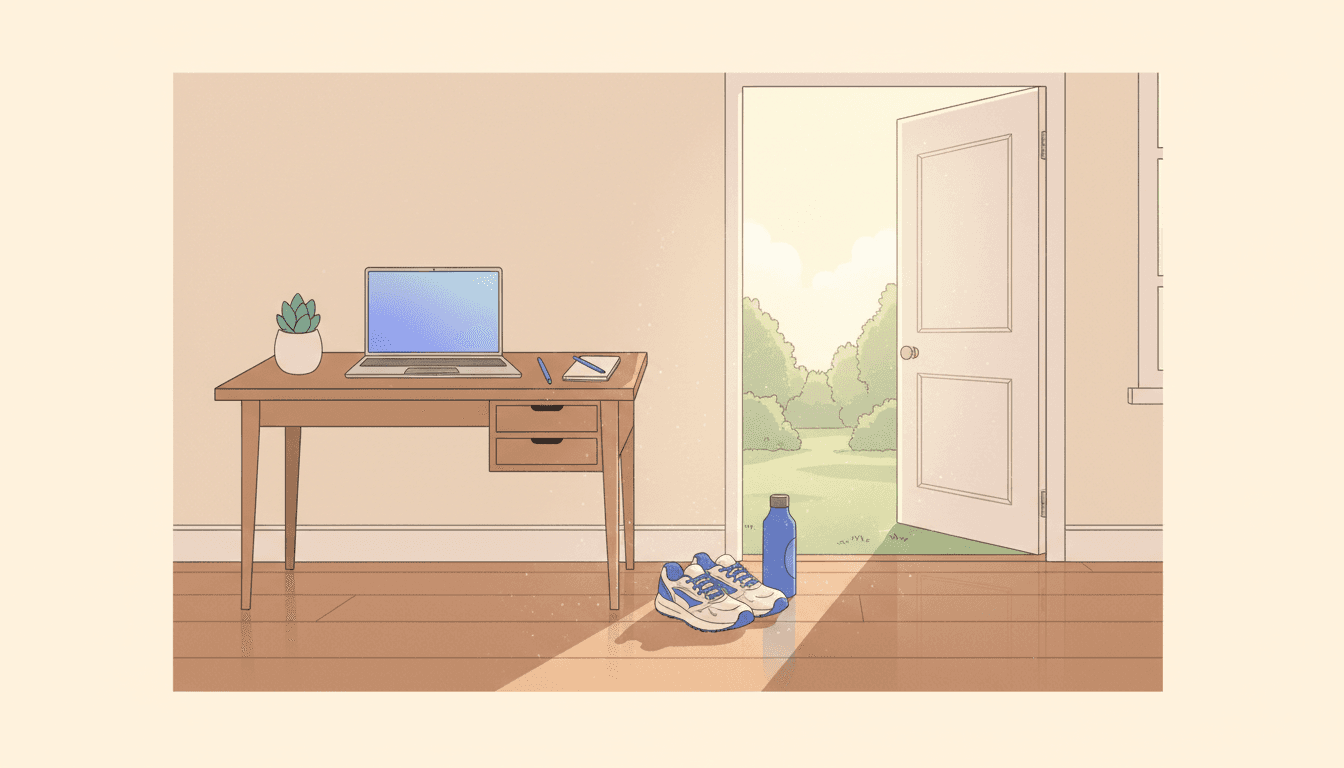 Running shoes and a water bottle by an open door beside a small home desk, with warm morning light on the floor