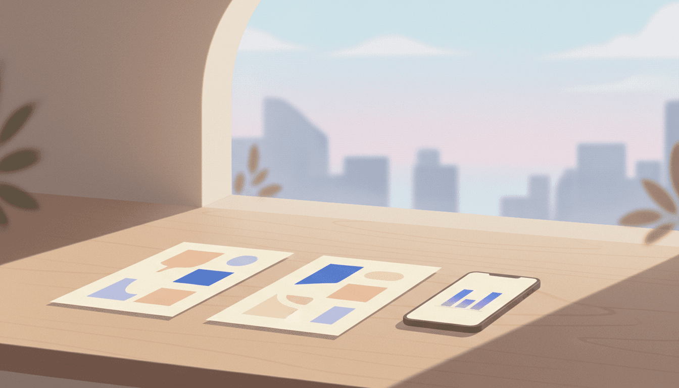 A calm desk with a phone showing a simple bar chart and two paper ad mock-ups side by side in warm morning light, suggesting comparing two ad creatives