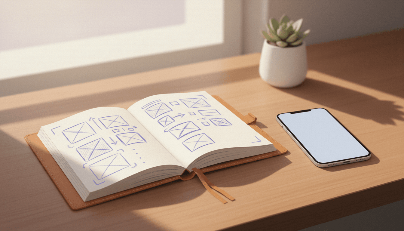 A hand-sketched app wireframe in a notebook next to a phone on a warm, tidy desk