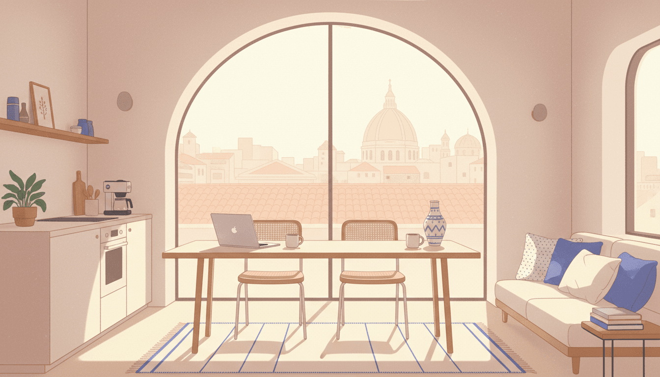 A shared sunlit kitchen and lounge in a co-living apartment with a laptop open on the table, warm pastel morning light