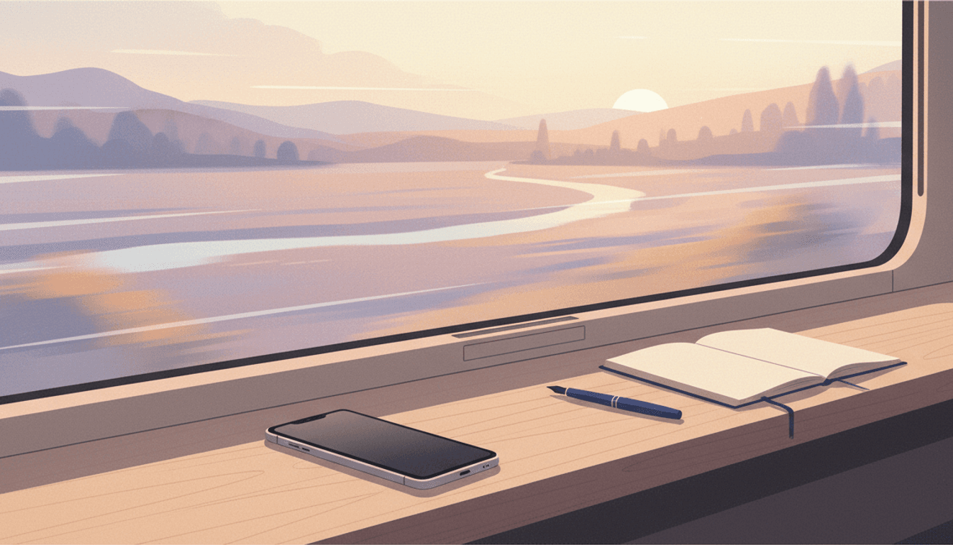 A phone on a train window ledge at dusk with no signal, warm pastel light over a passing landscape