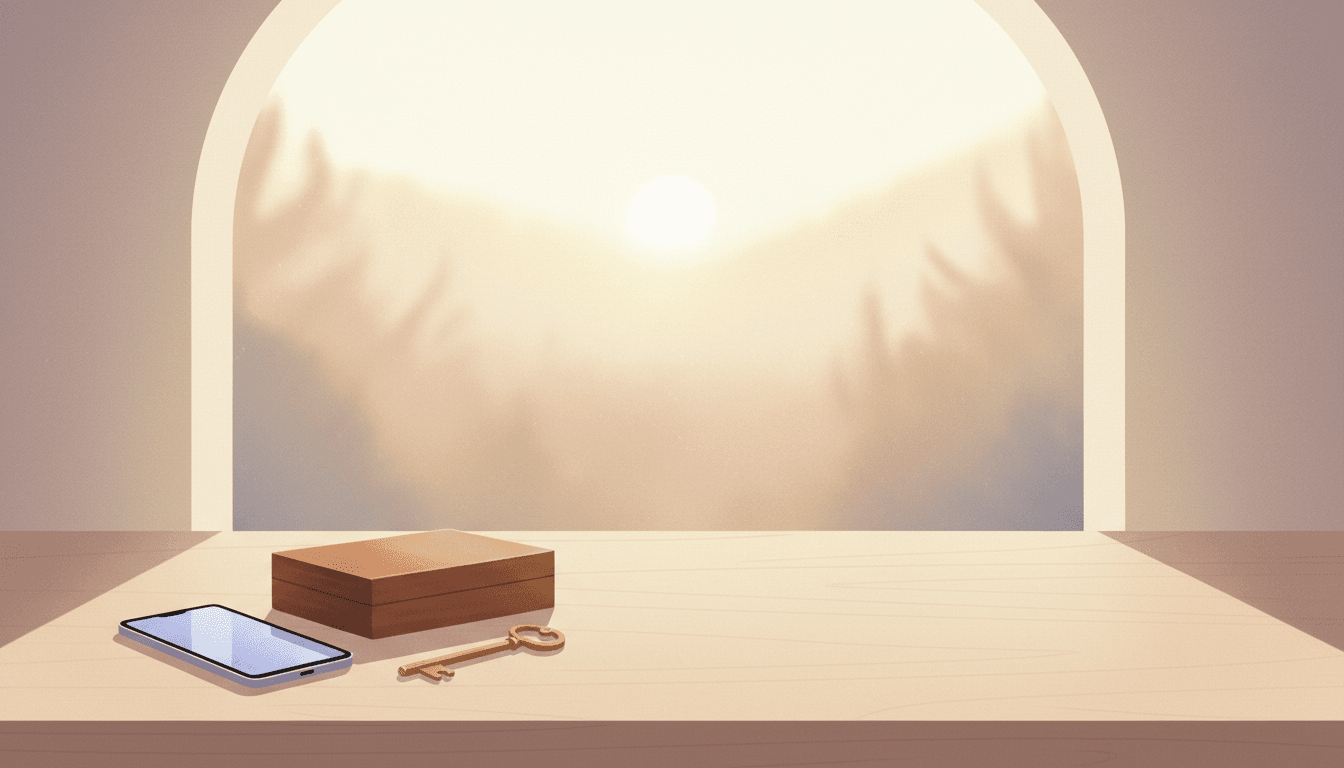 A phone beside a small wooden box and a key on a calm desk, suggesting owning and exporting your journal