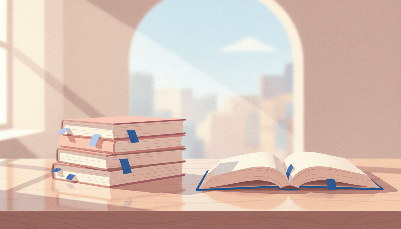 A small stack of paper books on a warm desk with a few coloured tabs marking pages