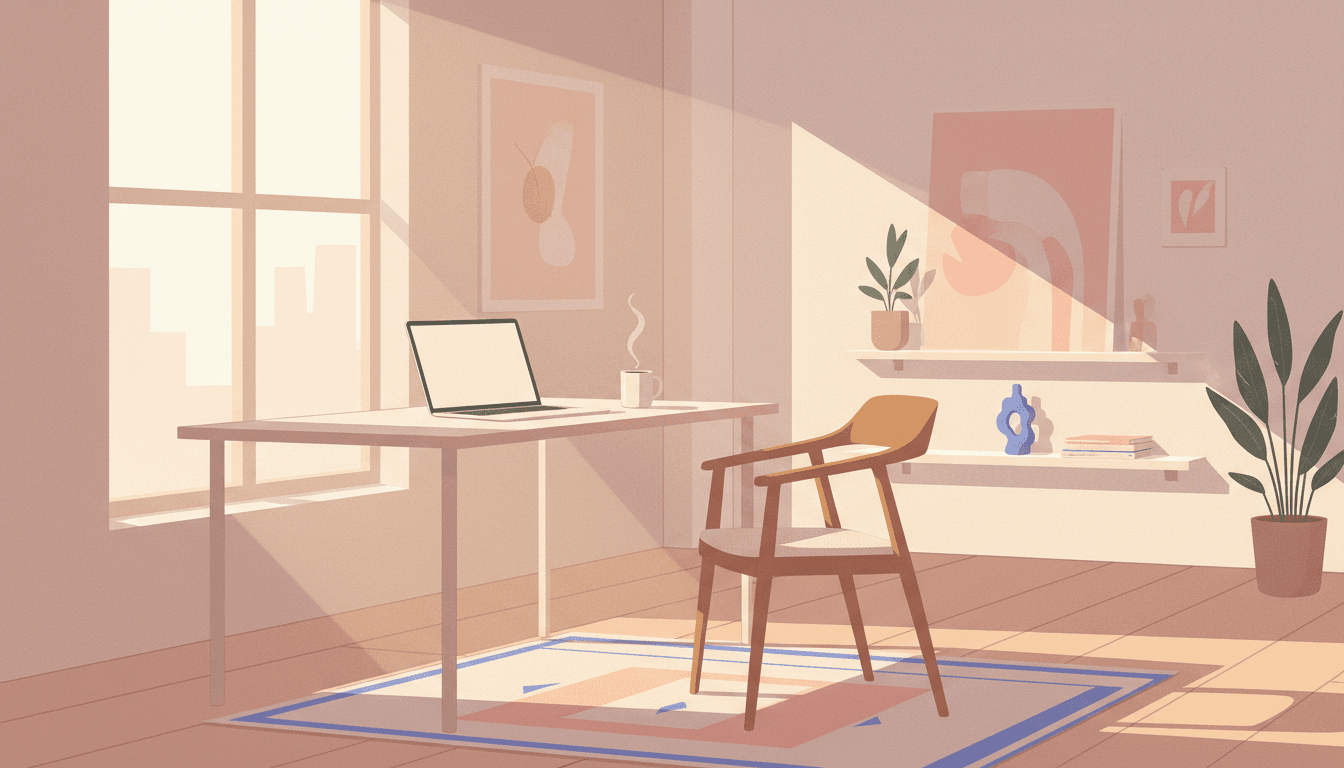 A solo desk at dawn with a laptop and an empty chair opposite, suggesting using AI as a sounding board