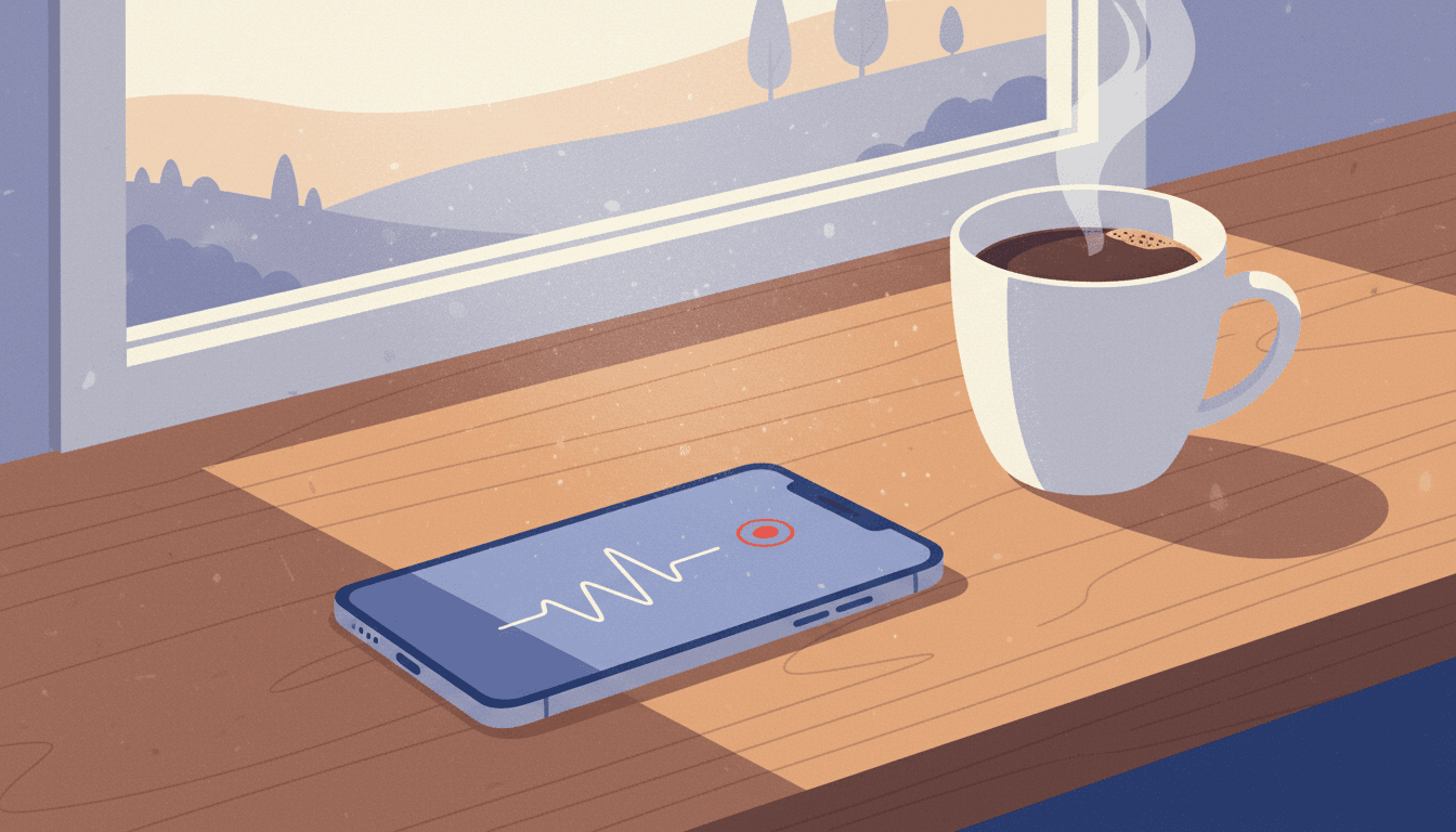 A phone lying on a warm wooden table showing a voice recording in progress, a coffee and a window with soft morning light beside it