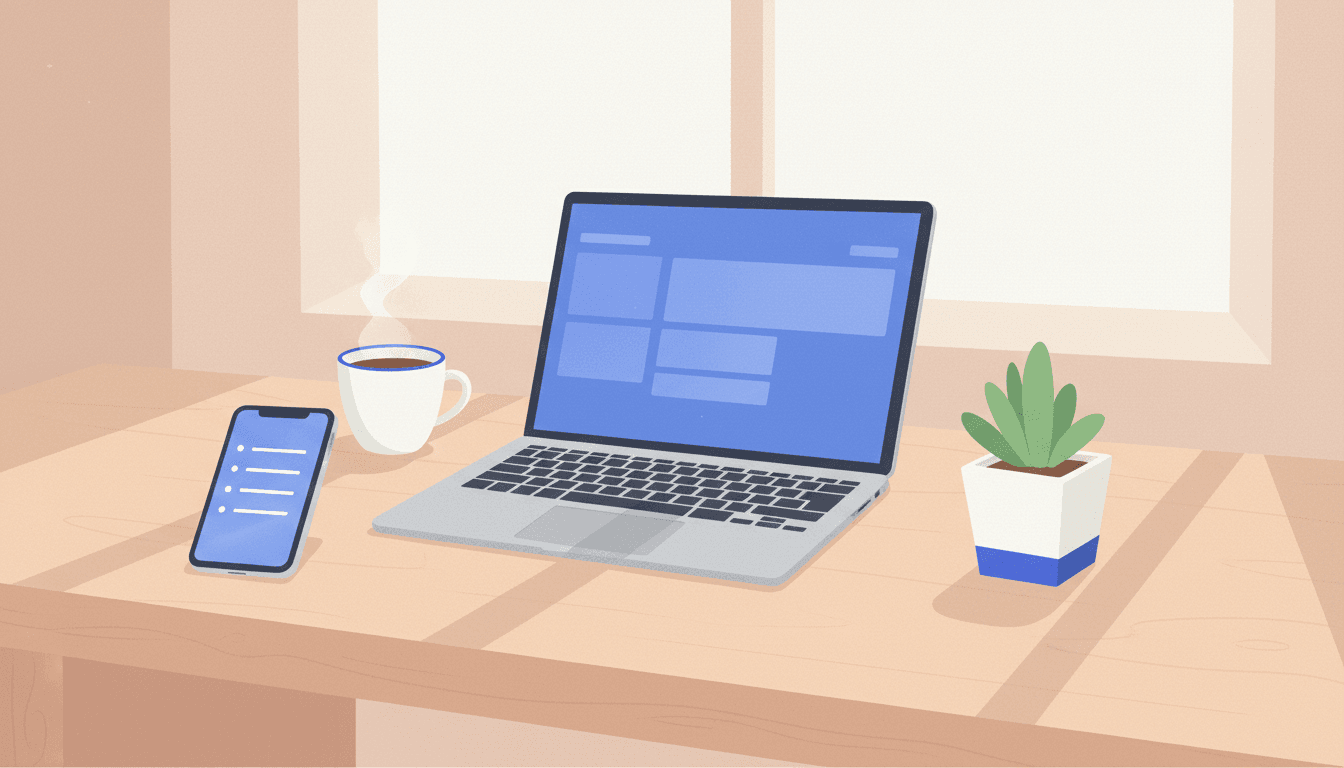 A phone showing a plain notes list beside a laptop with a tidy but unused dashboard on a warm wooden desk, suggesting a simpler Notion setup winning over a complex one