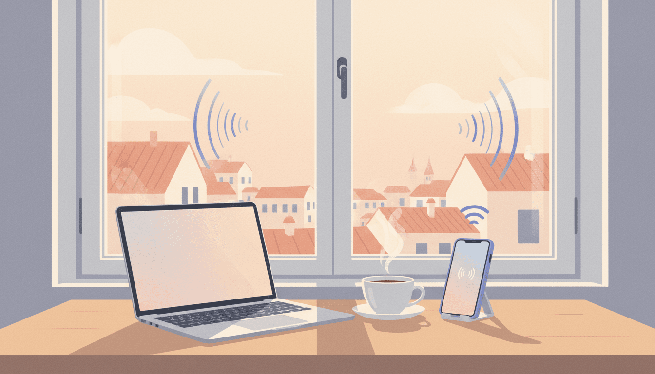 An open laptop and a phone propped up on a sunlit desk by a window overlooking a foreign city, set up for remote work while travelling