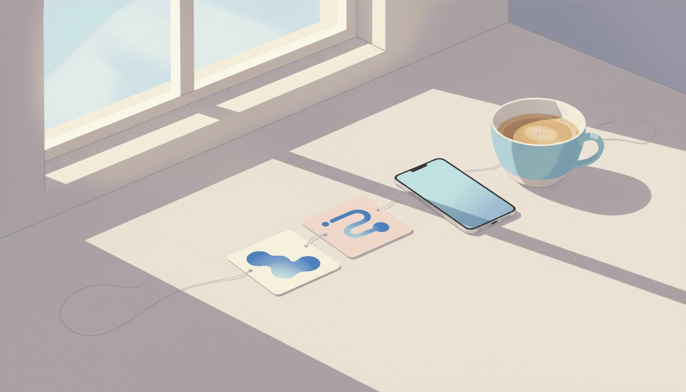Three small paper cards joined by a fine thread on a calm morning desk beside a phone and coffee, suggesting connected goals and habits