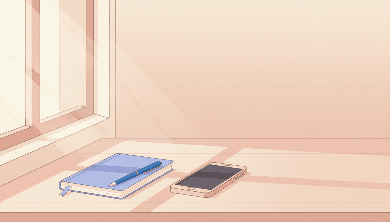 A cloth-bound notebook and pen beside a phone on a pale wooden desk in soft daylight, the two ways of keeping a journal side by side