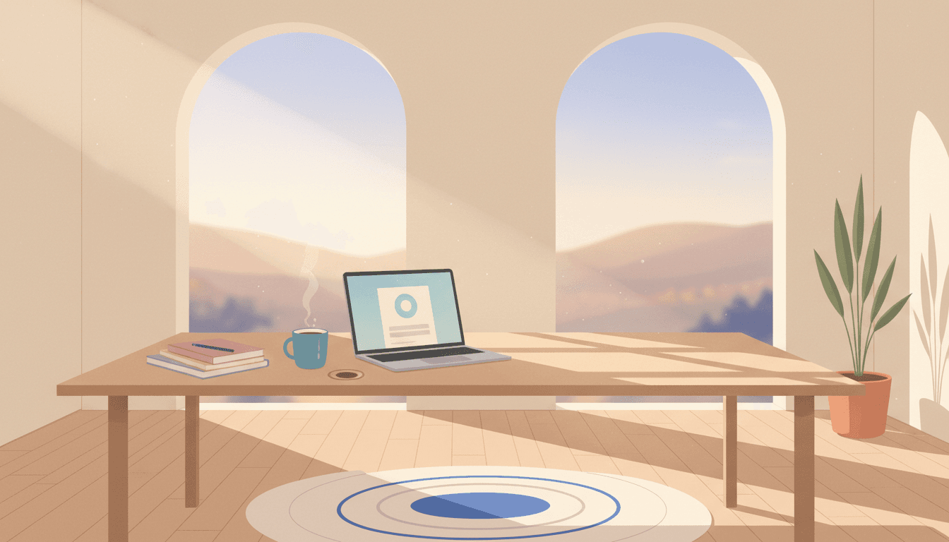 A laptop on a wide desk beside a cold coffee and a stack of notebooks in long late-afternoon light, suggesting the long middle of building an app