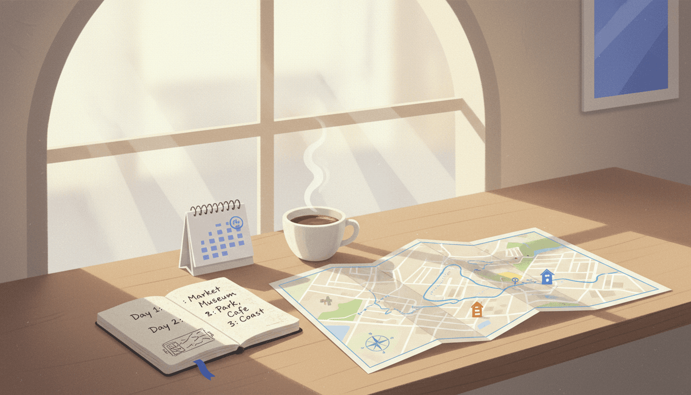A travel notebook with a rough day-by-day plan, a small calendar, a coffee and a paper map on a sunlit cafe table