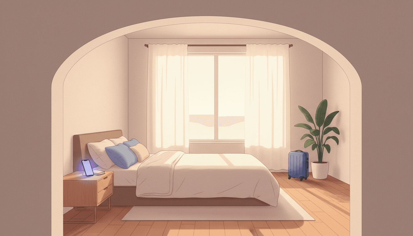 A sunlit window in an unfamiliar flat at early morning, a phone alarm glowing softly on the sill, calm and minimal