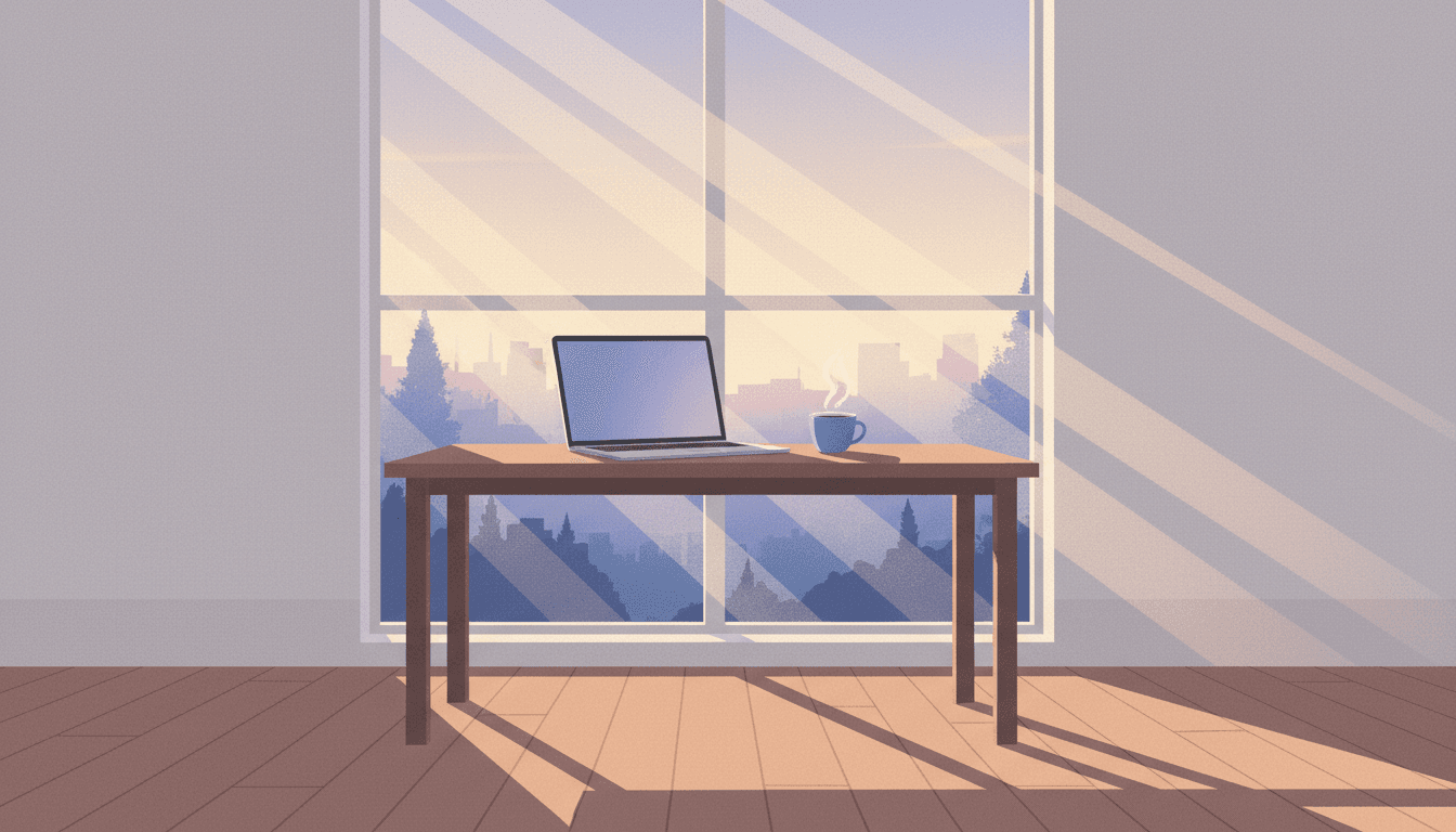 A laptop and a single cup of coffee on a desk by a window in early morning light, a quiet hour before work