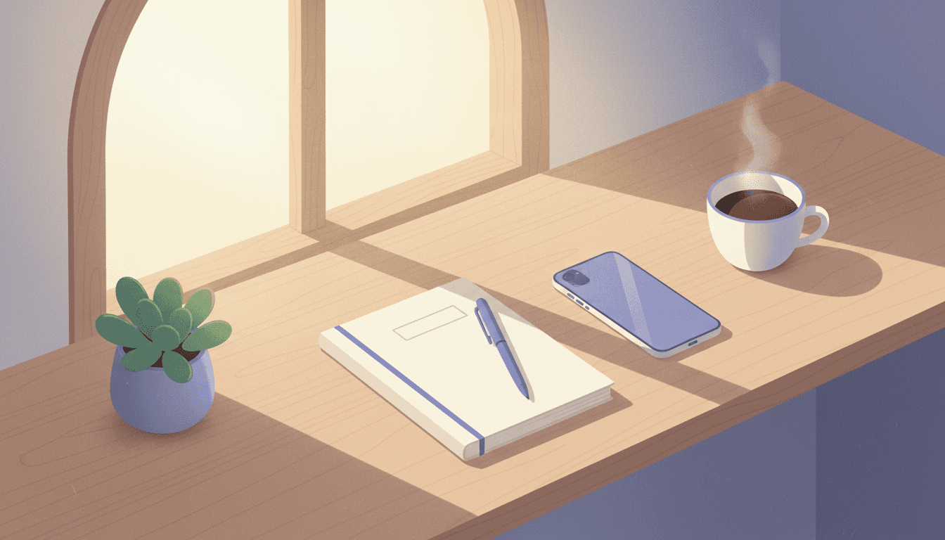 A calm wooden desk at dawn with a closed notebook, a pen and a phone by a window, warm pastel light