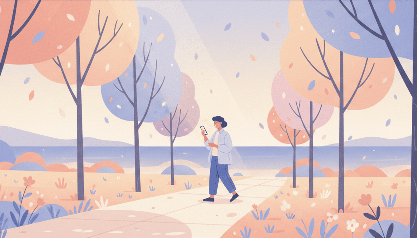 A quiet early-morning walk along a tree-lined path, holding a phone that is recording a voice entry
