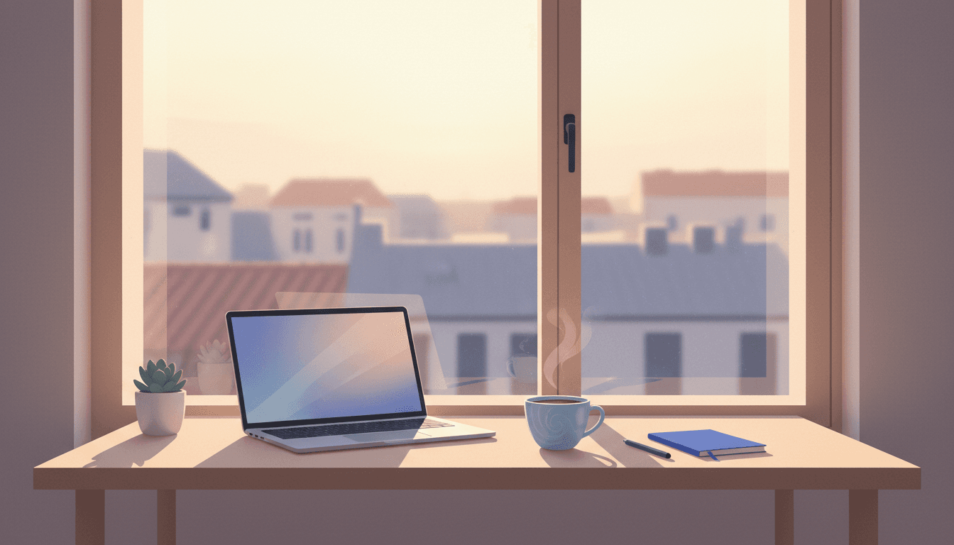 A laptop and coffee on a simple desk by a window looking out over an unfamiliar city in soft morning light