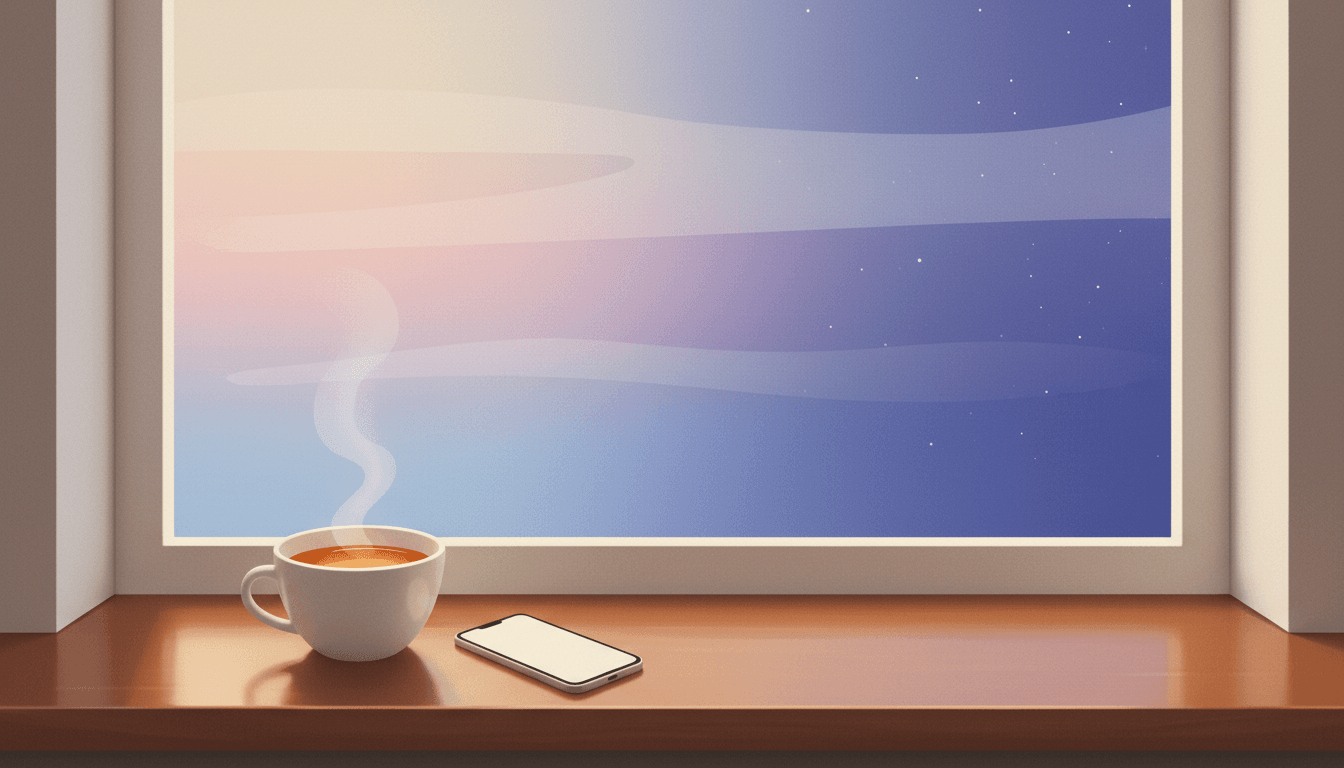 A warm cup and a phone on a windowsill, the sky outside split between morning and evening light