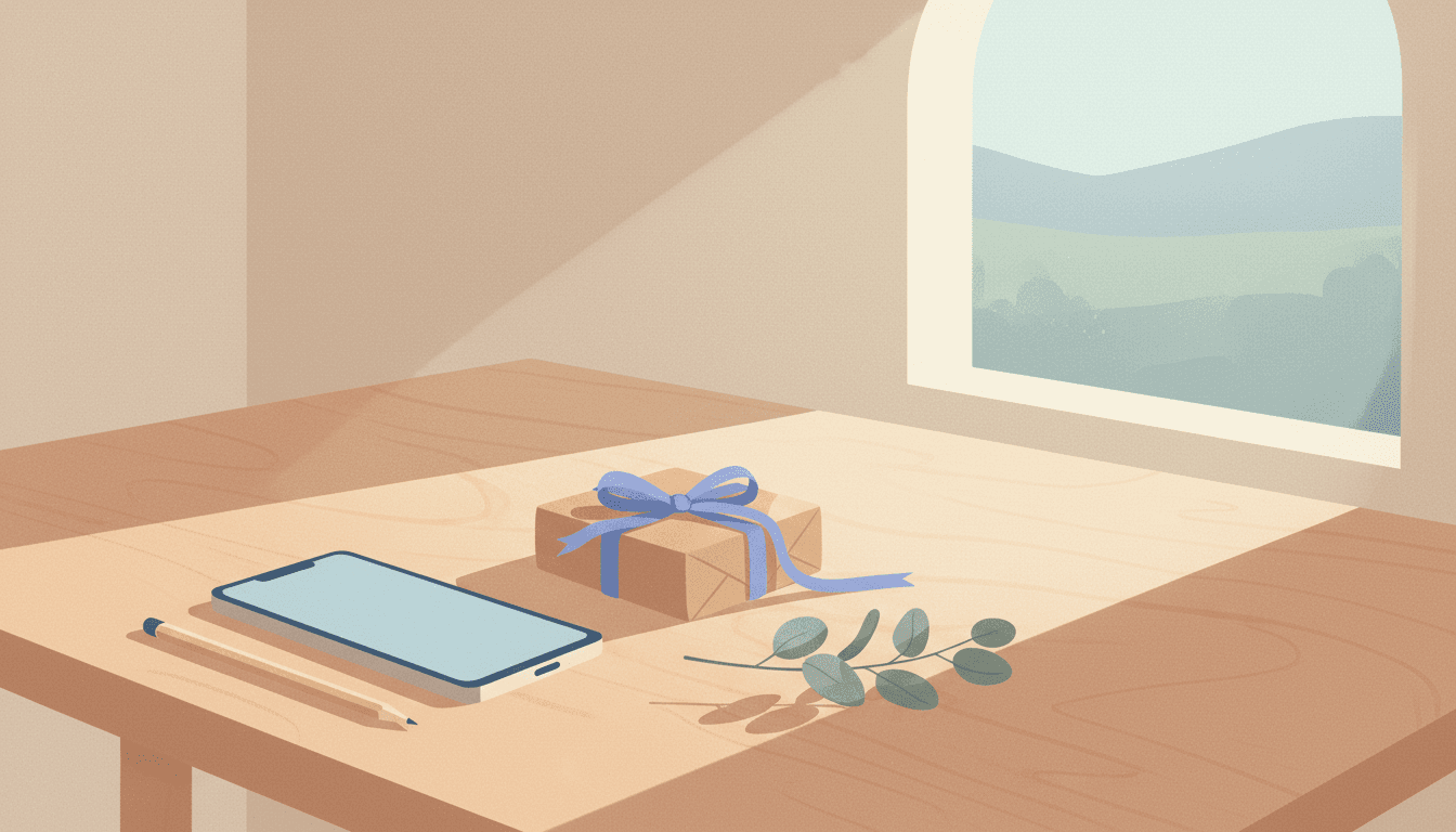 A ribbon-tied parcel beside a phone, a pencil and a sprig of eucalyptus on a warm table, suggesting a thought-through wishlist