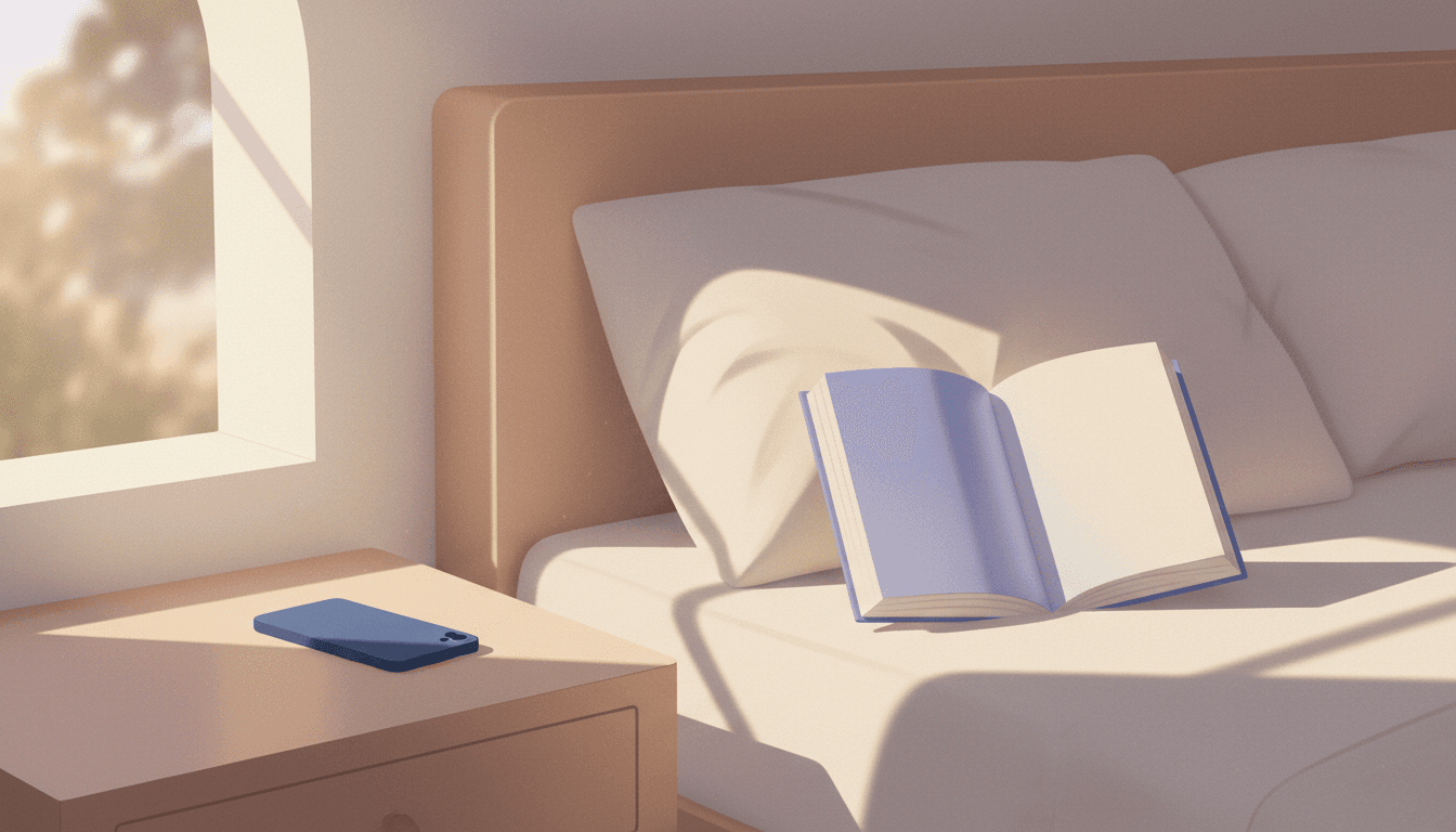 An open book resting on a pillow beside a face-down phone on a calm bedside table in warm morning light