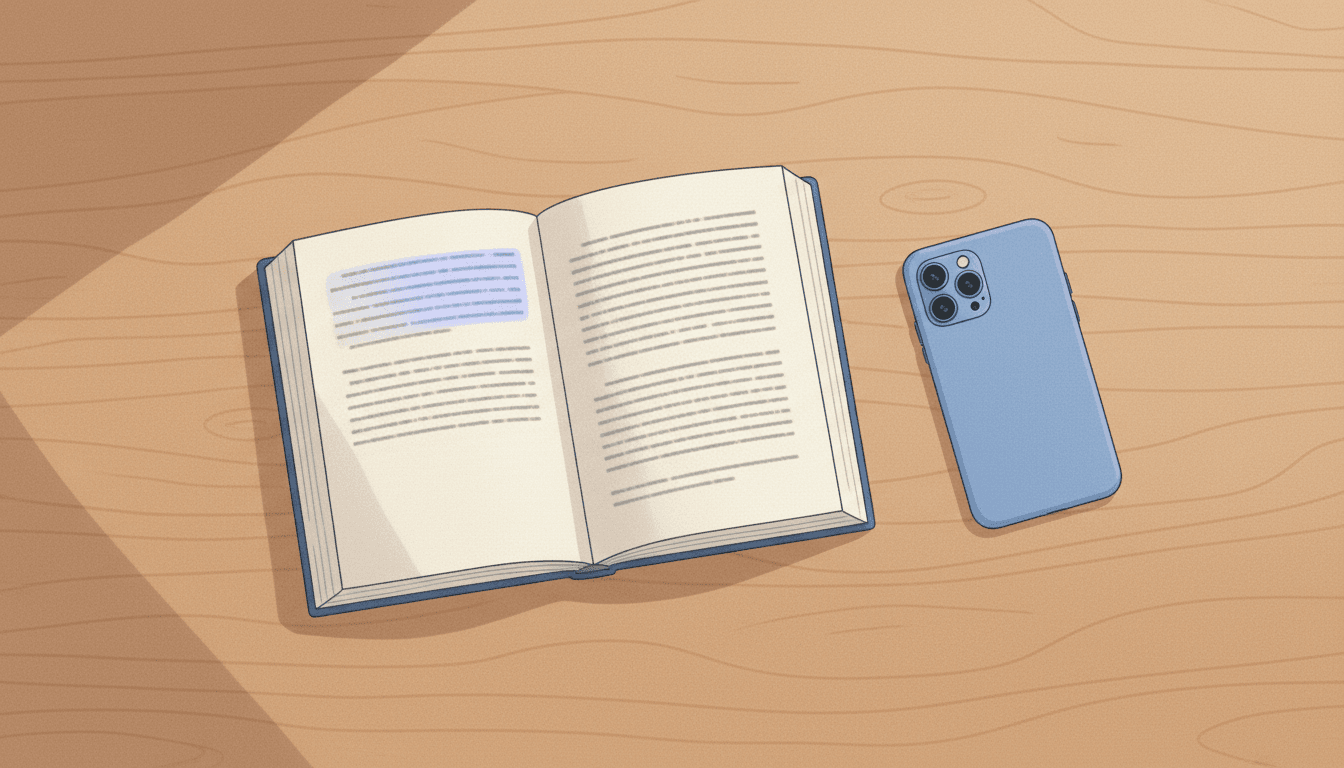 An open paper book with highlighted lines and a phone beside it, as if capturing a passage to remember later