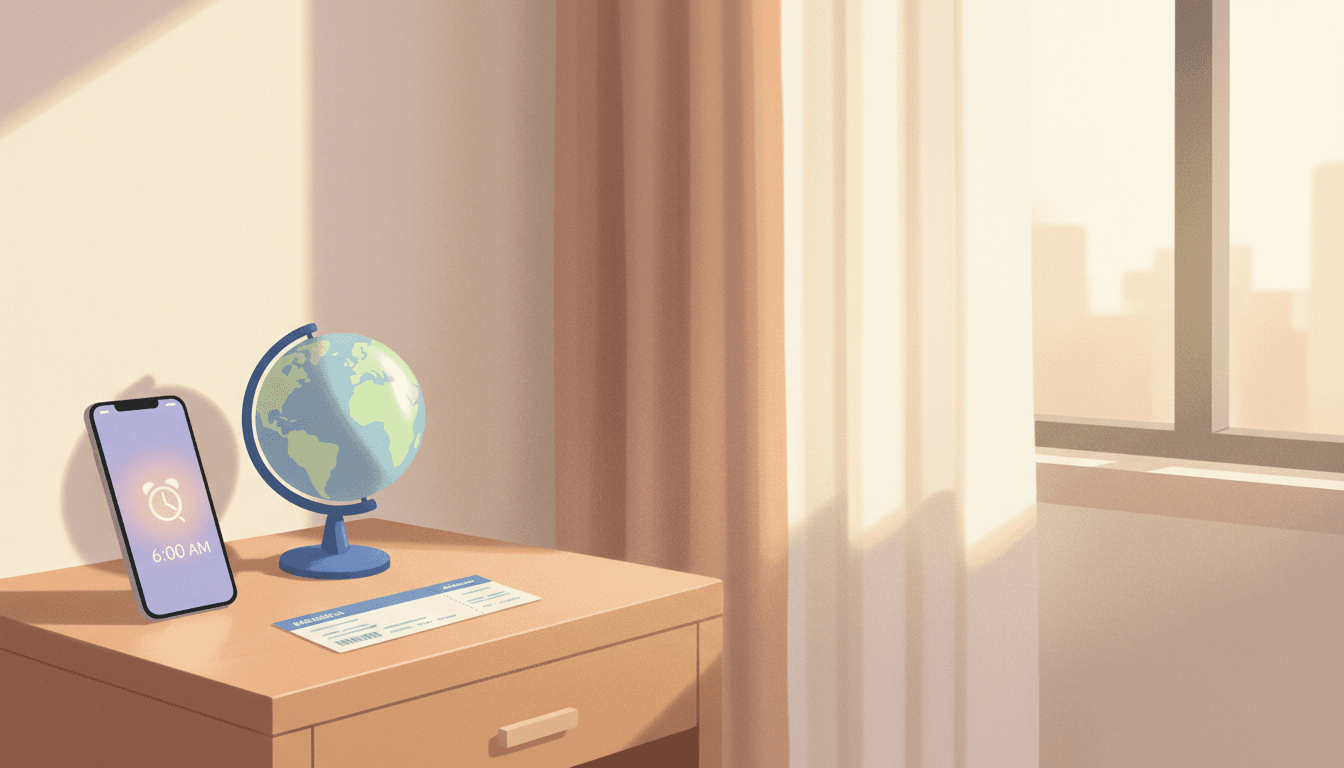 A phone alarm glowing on a nightstand at dawn beside a small globe, suggesting waking up in a new timezone