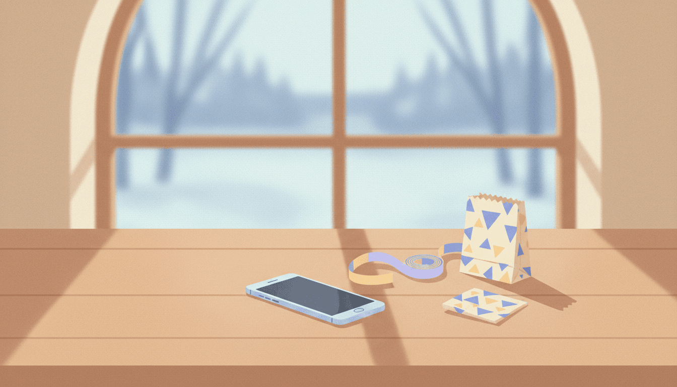 A phone on a warm wooden table beside a coil of ribbon and a patterned paper bag, winter light through the window, suggesting noting a gift idea months ahead