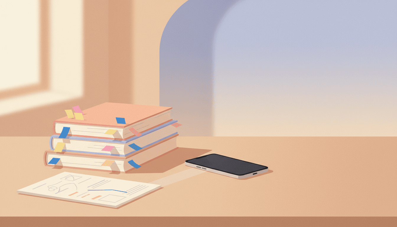 A stack of paper books with sticky tabs along their edges beside a phone on a calm desk, suggesting getting paper highlights into an app
