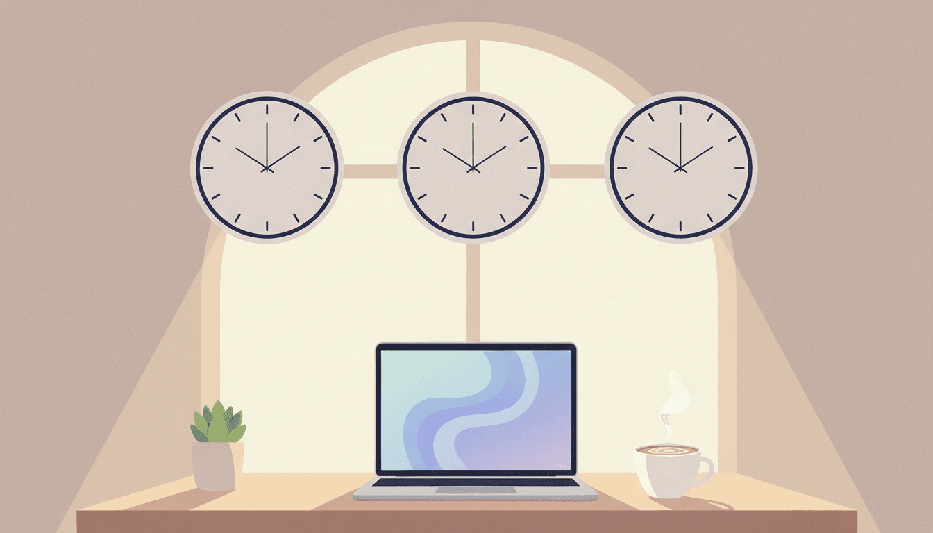 Three plain analogue wall clocks showing different hours above a desk with a laptop, suggesting scheduling meetings across time zones