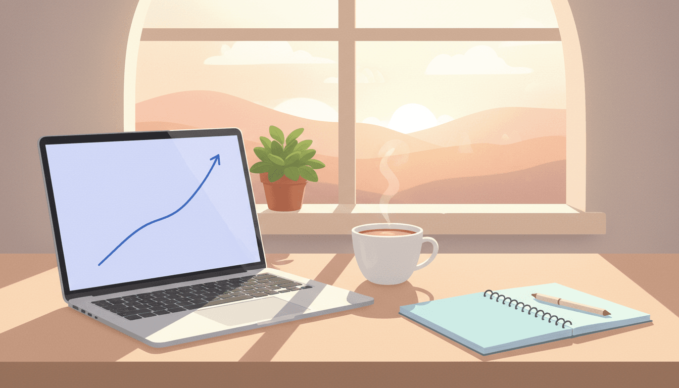 A laptop on a tidy desk by a window showing a gently rising line, a notebook and coffee beside it, suggesting slow steady growth for a small site