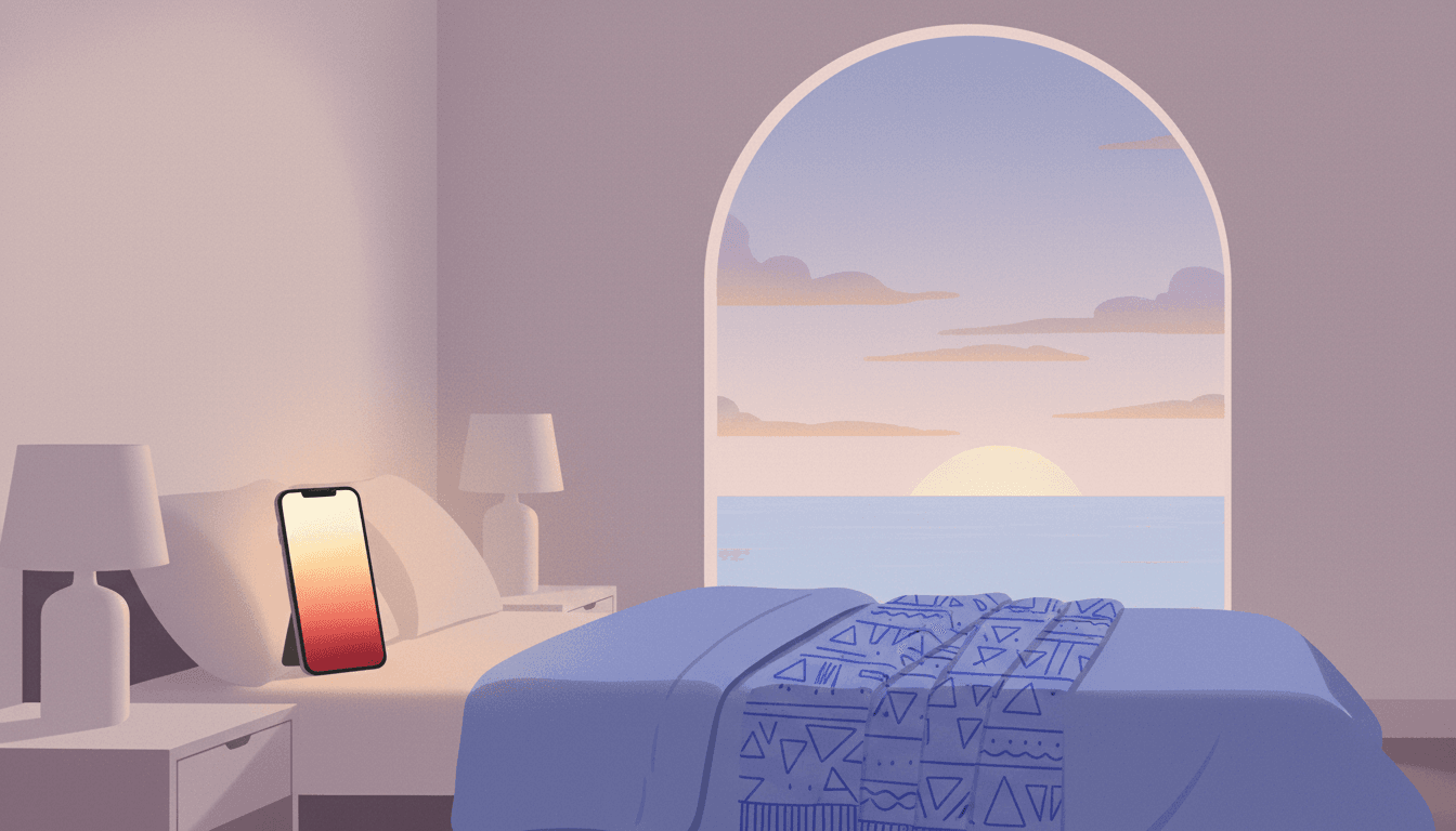 A phone propped on a bedside table before dawn, its screen glowing a soft warm orange in a dim room, calm and minimal
