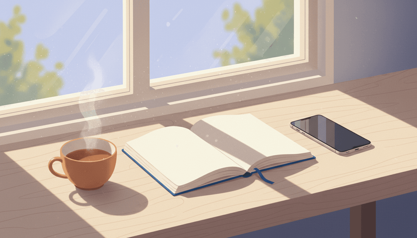 A blank notebook and phone on a calm desk by a window with tea, suggesting what to write