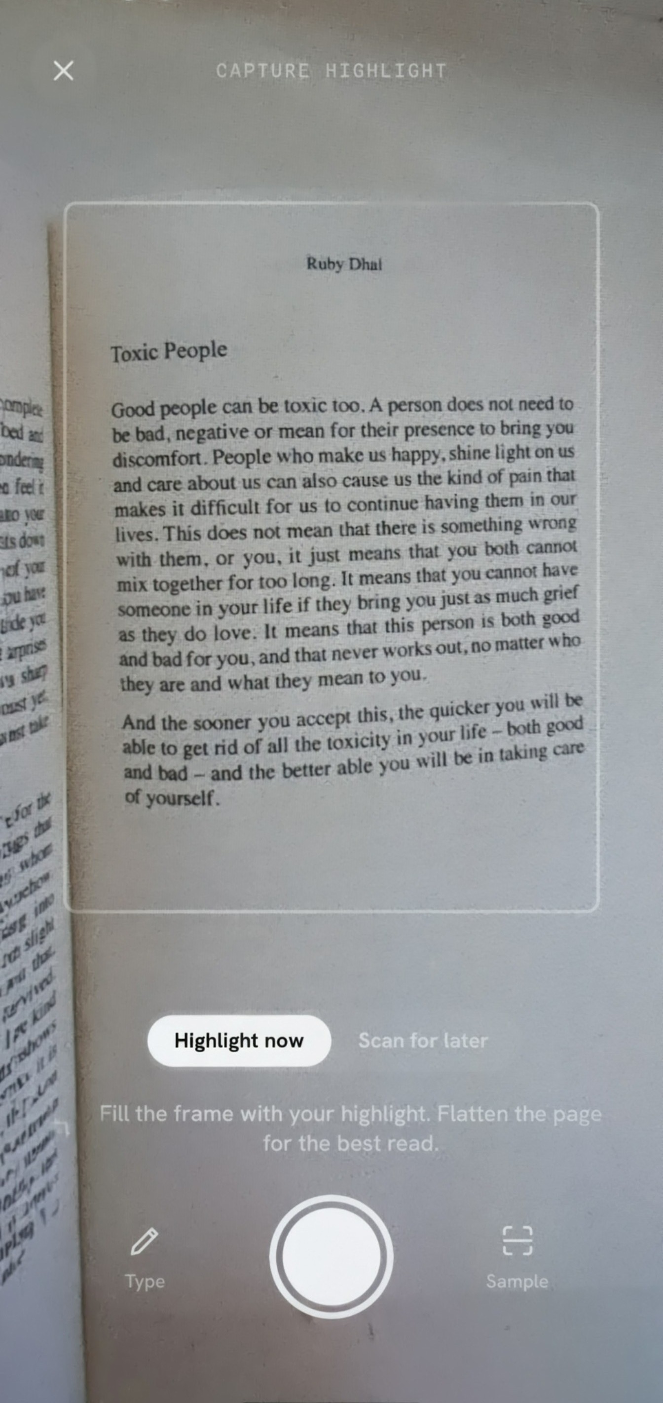 Capture Highlight screen scanning a passage in a physical book