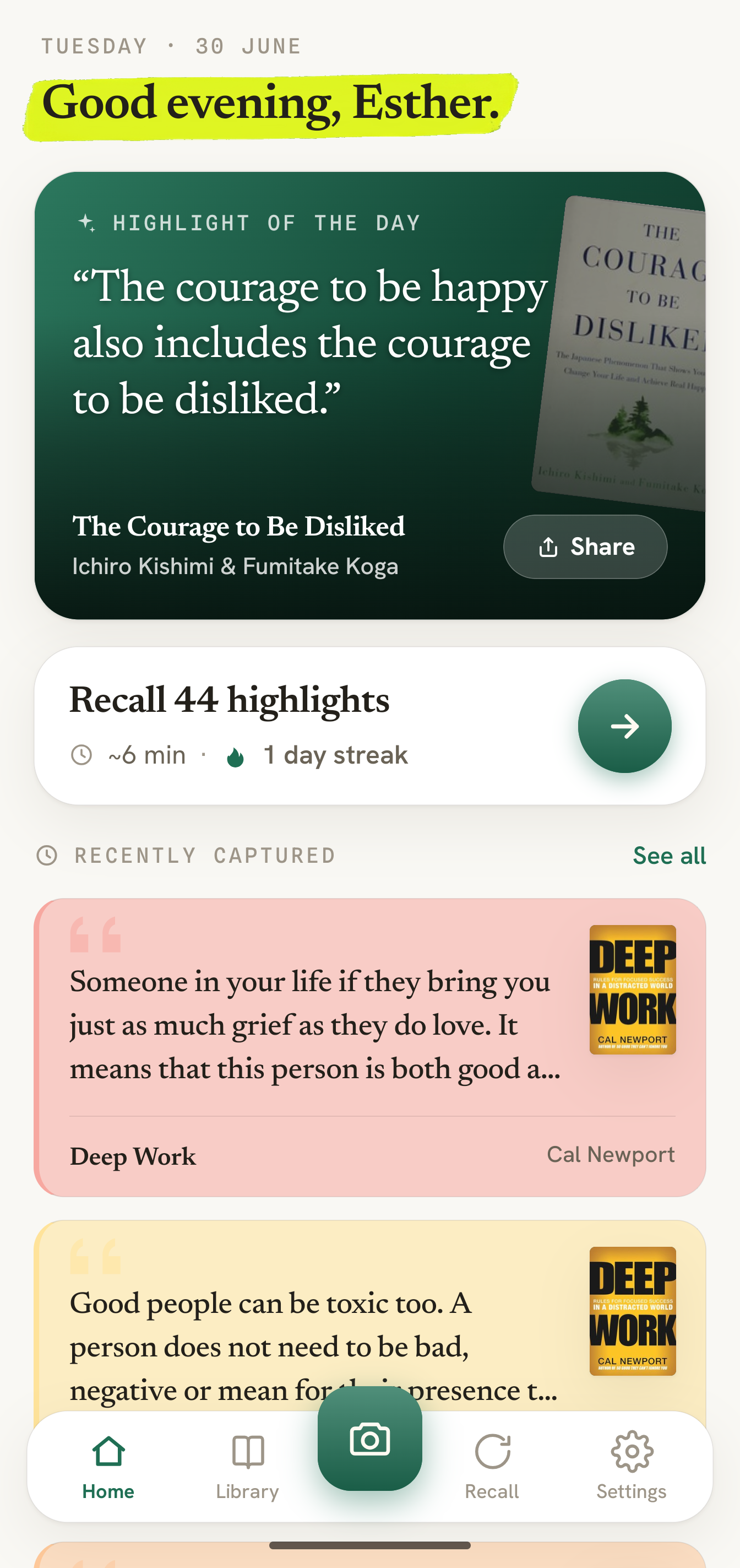 Home screen showing highlight of the day and recent captures