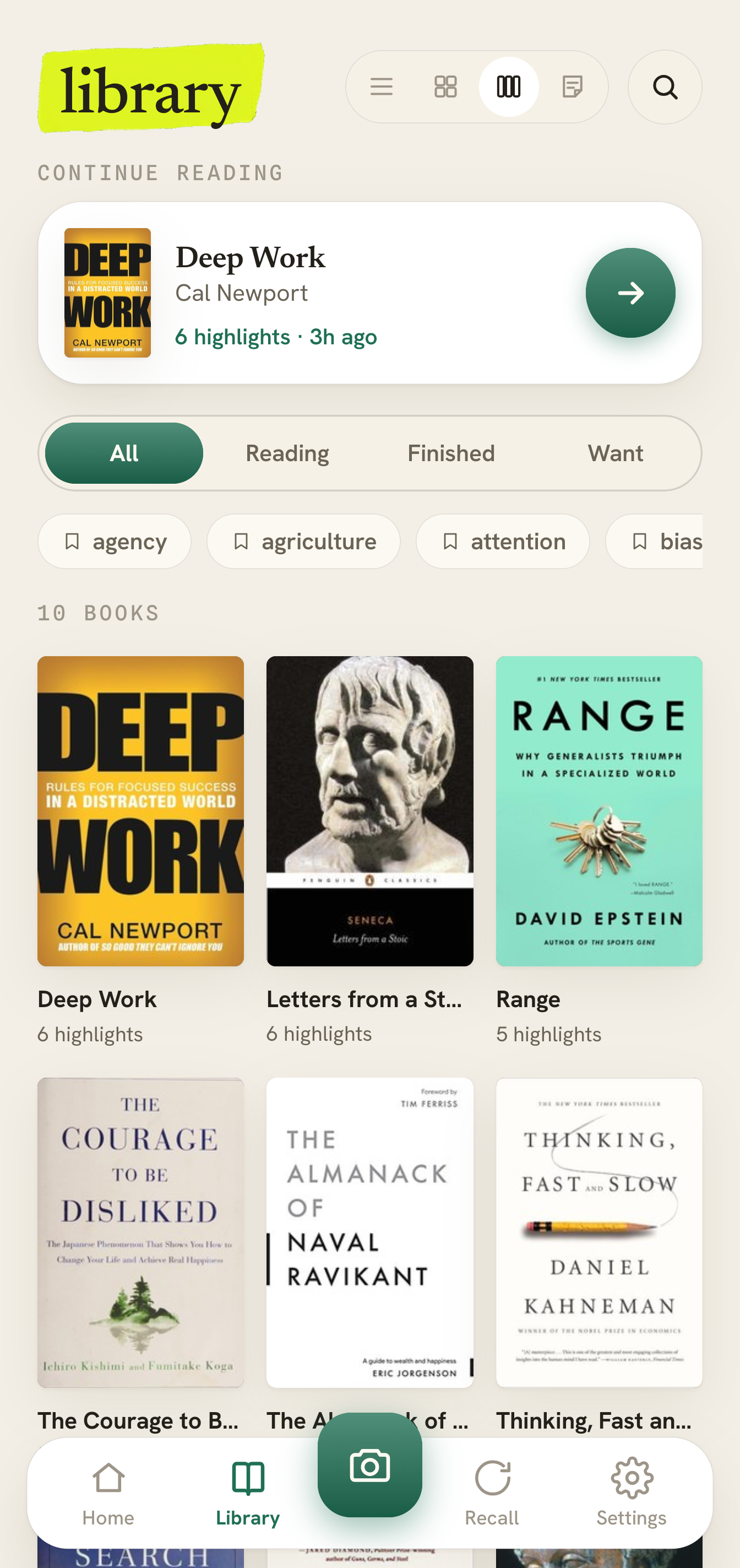Library view with books and their highlight counts