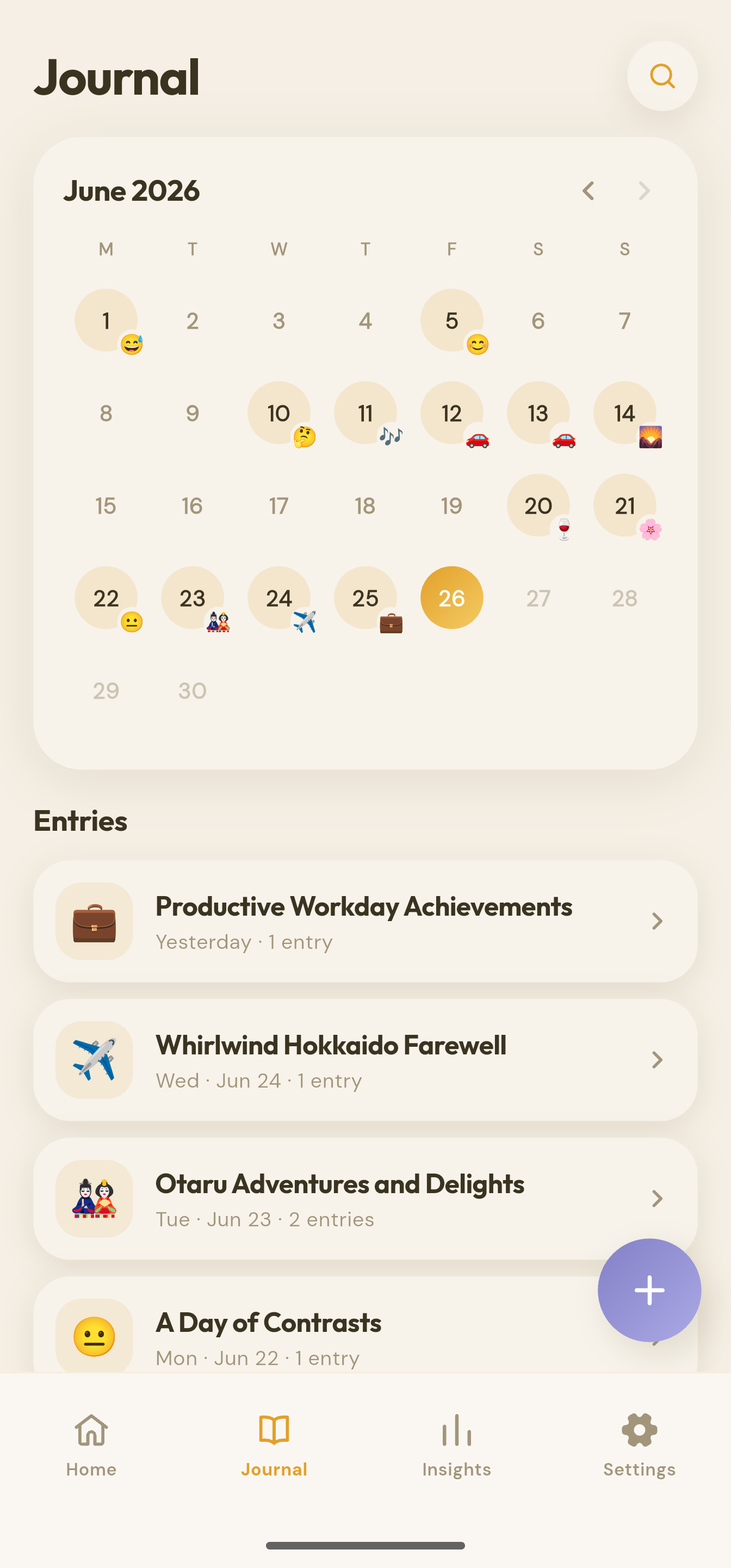 Journal calendar and recent entries
